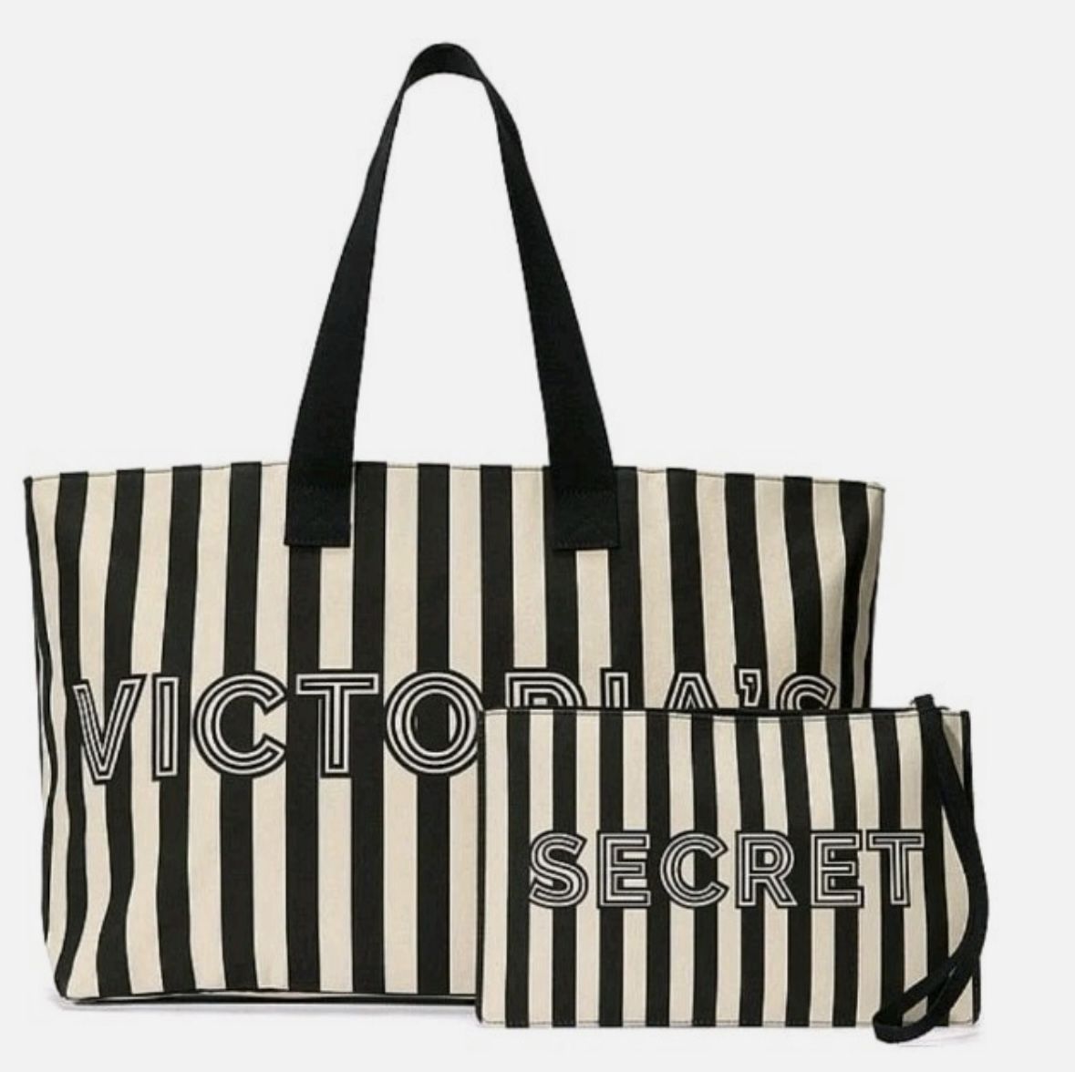 NEW VICTORIAS SECRET PINK BLACK STRIPED TOTE AND WRISTLET SET $25!!!