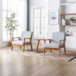  Accent Chairs Set of 2 with Side Table, Mid Century Modern Accent Chair, Comfy Arm Chair Side Chair with Solid Wood Frame, Linen Lounge Reading Armch