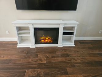 White Electric Fireplace TV Stand with Remote – Heat & Decor Modes
