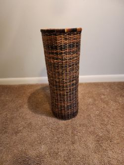 2 foot tall tall cylindrical hand-woven rattan / wicker basket
