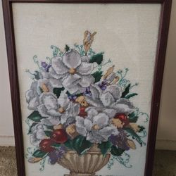 Framed Flowers Cross Stitch Needle Point Art 