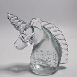 Vintage Glass Art Unicorn Paperweight Bullicante Murano Style Controlled Bubbles