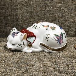 Hand Painte Porcelain Resting Cat with Butterflies