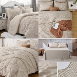 King Size Comforter Set - Bedding Set King 7 Pieces, Pintuck Bed in a Bag Beige Bed Set with Comforter, Sheets, Pillowcases & Shams