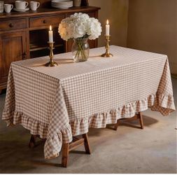 Khaki Plaid Ruffled Tablecloth 52" x 70" Rectangular Farmhouse Checkered Gingham Table Cloth for Seat 4-6 Vintage Buffalo Plaid Decorative Table Cover