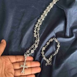 Silver rosary necklace and bracelet set 