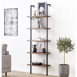 Nathan James Theo 5-Shelf Walnut Modern Bookcase, Open Wall Mount Ladder Bookshelf with Industrial Metal Frame