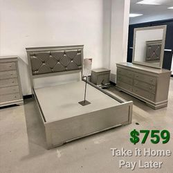 AMALIA SILVER UPHOLSTERED PANEL BEDROOM SET
Queen Bed, Dresser, Mirror and Nightstand