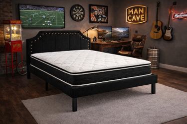 Full Bed Frame & 10 Inch Hybrid Mattress Set – Black Upholstered Style