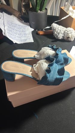 Vintage Loeffler Randall Denim Ruffle Mule Heels