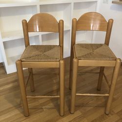 Two Wooden Bar Chairs W/ Hand Woven Rush Seats