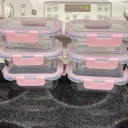 6 Pink Glass Food Containers  With Lids 