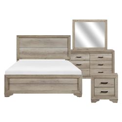Brand New Natural Finish Queen Bedframe + Dresser + Mirror + Nightstand 4PCs Bedroom Set