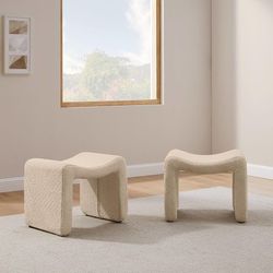 Modern Boucle Ottoman, Vanity Stool Chair, Foot Stool with Wooden Legs Sofa Bench Footstool Extra Seat for Vanity, Makeup Room, Living Room, Entryway,