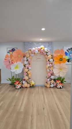 Balloons, birthday, florals, first birthday, party decor, dessert cart, Candy , backdrop