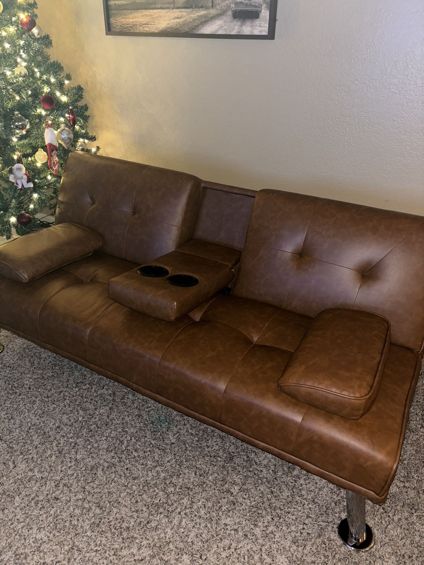 Like-New Faux Leather Futon Sofa Bed W/cup Holders