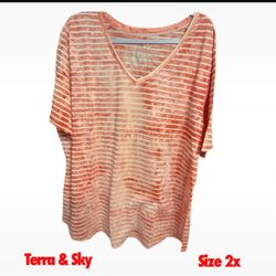 Terra & Sky Striped V-Neck Top Size 2X