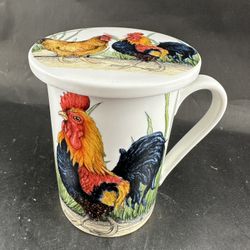 Tea Cup & Lid Country  Rooster  & Chicken Design 