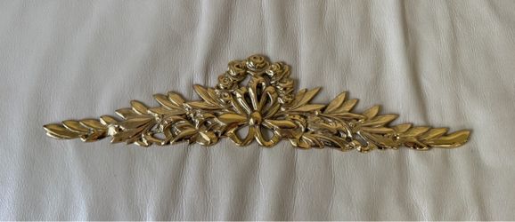 15,5 Inch Vintage Lacquered Brass Furniture Applique, Neoclassical Floral Swag Pediment Overdoor Decor, Heavy Polished Brass