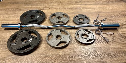 BRAND NEW: Olympic Curl Bar with Cooper Bearing Mech & Three  Grip Cast Iron Weight Plates 25s, 10s and 5s. Total: 100 lbs