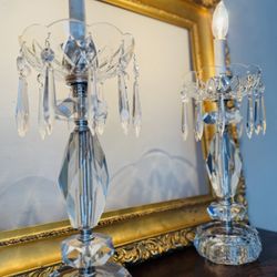 Vintage Antique Set Crystal Prism Accent Tall Table Lamps