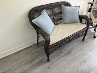 Wicker Loveseat with Cushions + 2 Throw Pillows, $100 OBO