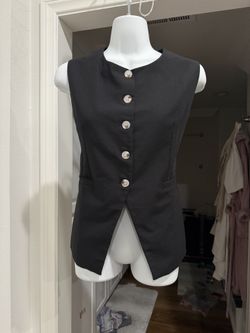 Black Tailored Longline Vest Waistcoat Women's Small Pearl Buttons Pockets