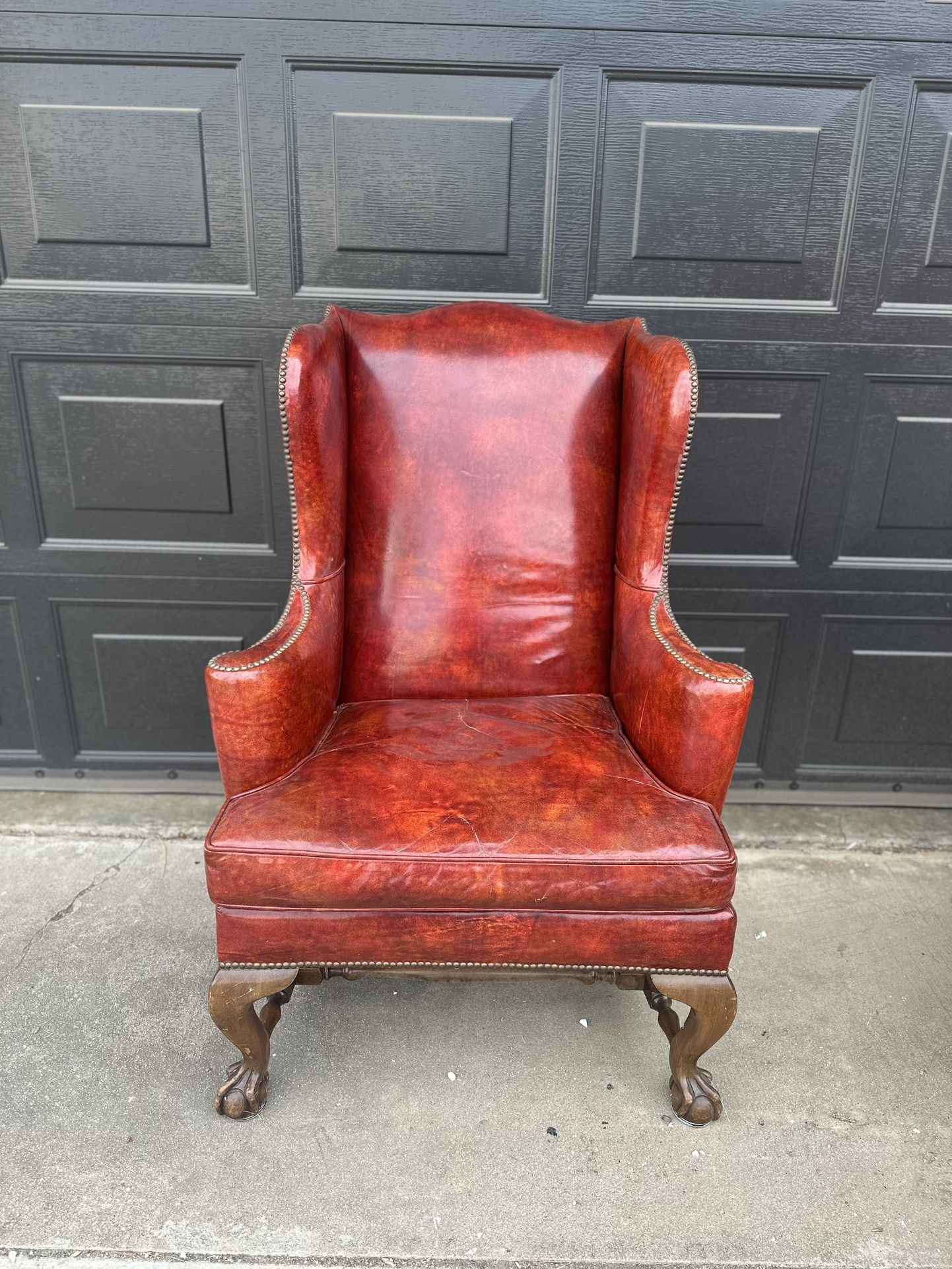 Hickory Leather Nailhead Wingback Library Club Lounge Arm Chair