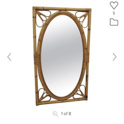 Hand Crafted Vintage Oval Bamboo and Rattan Mirror on Rectangular Frame MSRP: $525