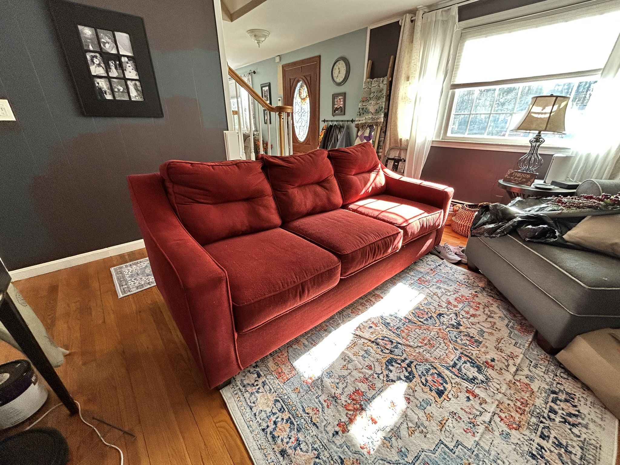 Red Three Seater Couch And High Back Multi Color Chair