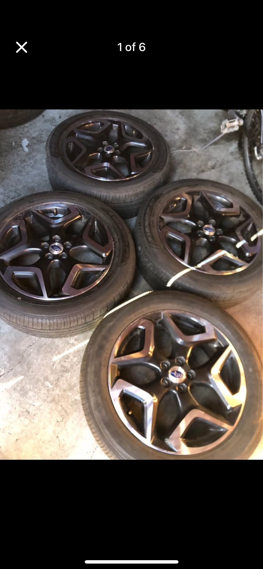 aluminium wheels and tires for subaru 5 lugs good condition size 18”
