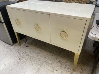 HOLLYWOOD REGENCY WHITE GOLD BRASS SIDE BOARD BUFFET CREDENZA CABINET DRESSER