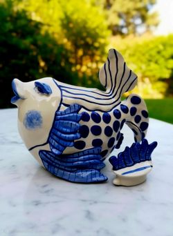Blue Sky Claywork 13049 Delft Fish Teapot 10"