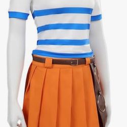 SMALL ADULT Anime Cosplay Costume White Blue Stripe Top Mini Short Skirt Set with Belt