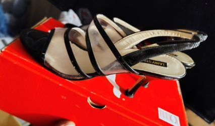 L Larry Stewart Leather And PVC Slingback High Heel Black Sandals
