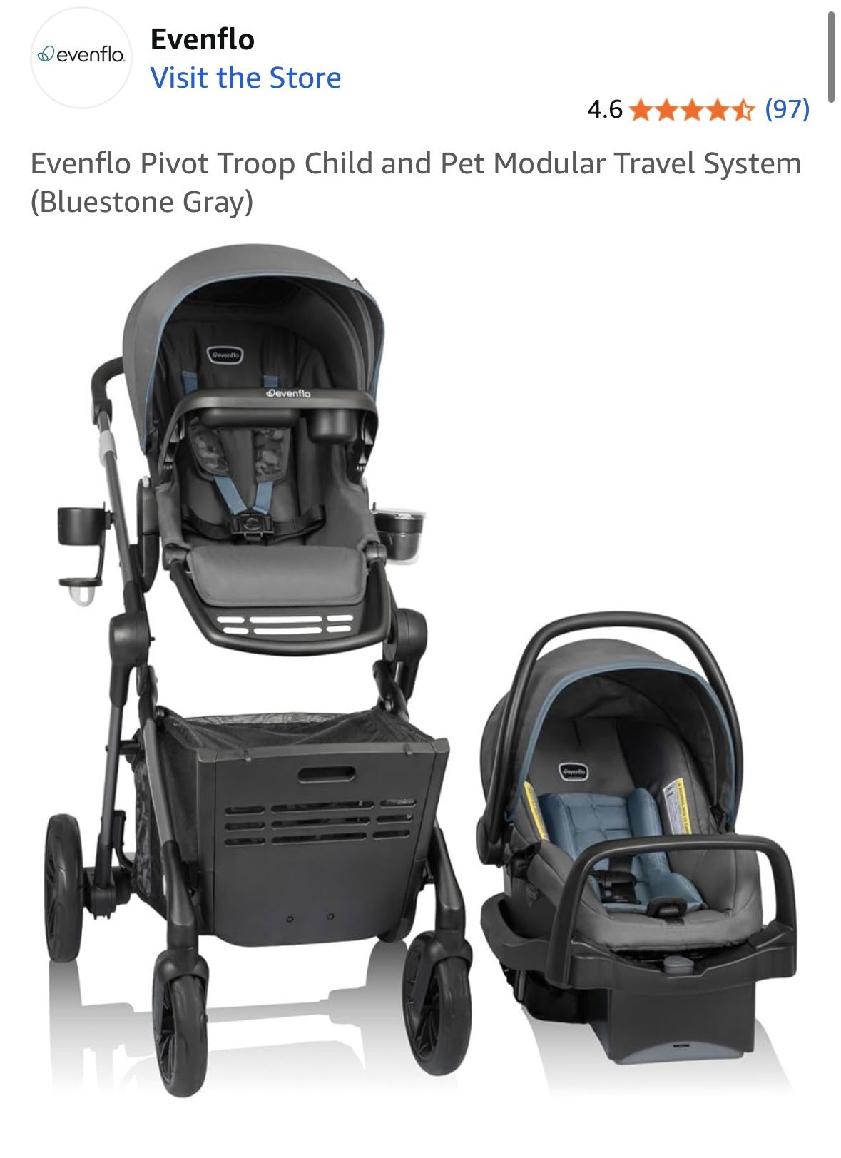 NEW IN BOX - Evenflo Pivot Troop Child and Pet Modular Travel System (Bluestone Gray)