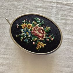 Antique Embroidered Sewing Measuring Tape Made In German Floral Needlepoint Retractable Button Working