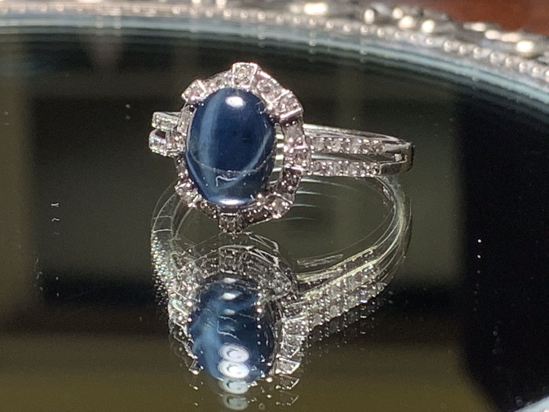 Beautiful 14K White Gold Blue Star Sapphire and Diamond Ring