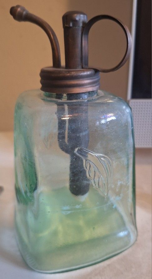Vintage Green Leaf Glass Bottle Brass Pump Mister Sprayer Atomizer Decor