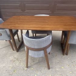 MCM Walnut  and Gray Table and 4 Chairs - 63” X 35” 