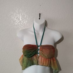 Shein Bikini Top XS Chiffon Fringe Green And Orange Nwt