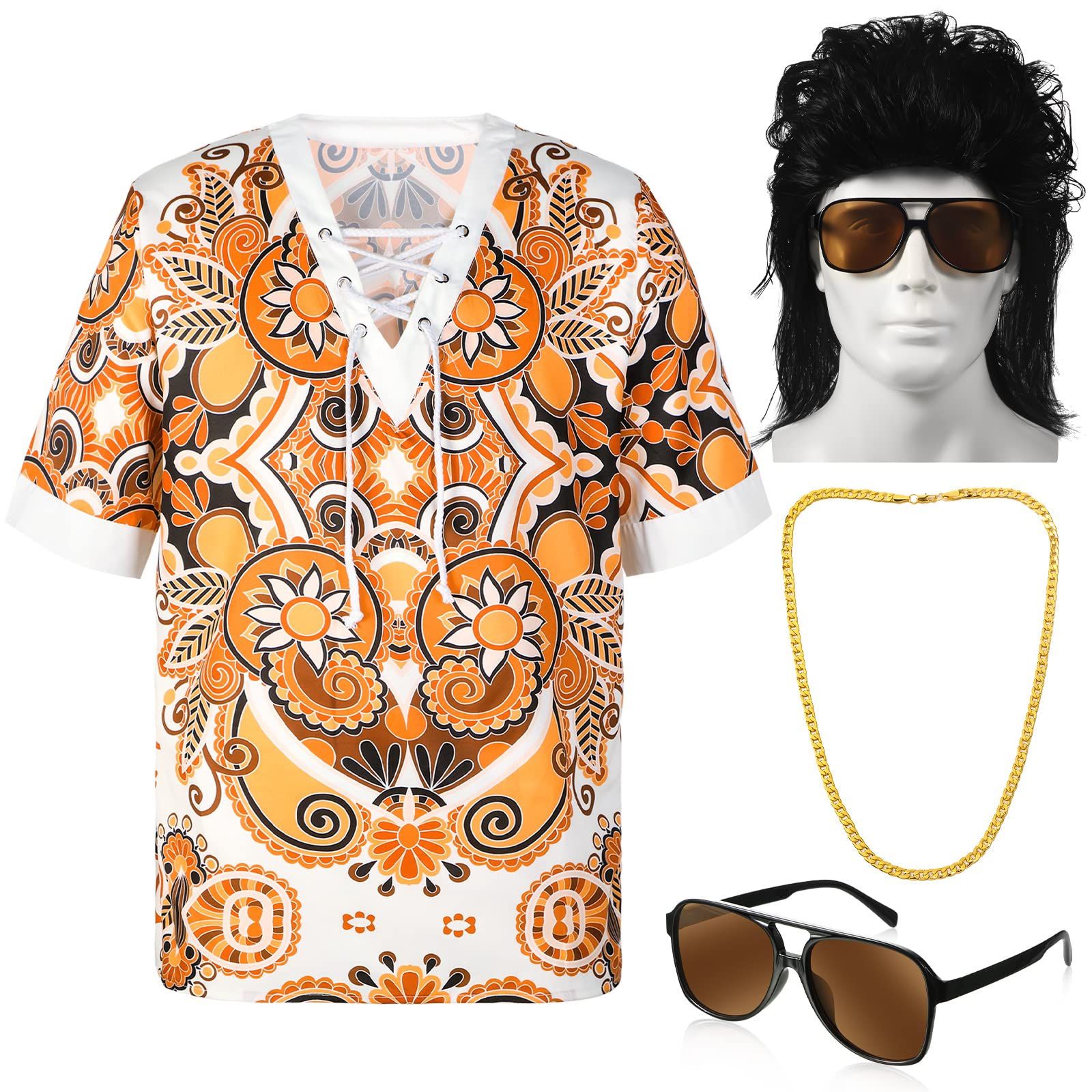 Men 70s Hippie Shirt With Wig glasses Chain 3xl