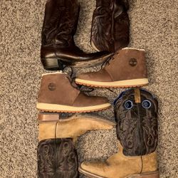 2 Cowboy Boots And A Pair Of Waterproof Timberlands