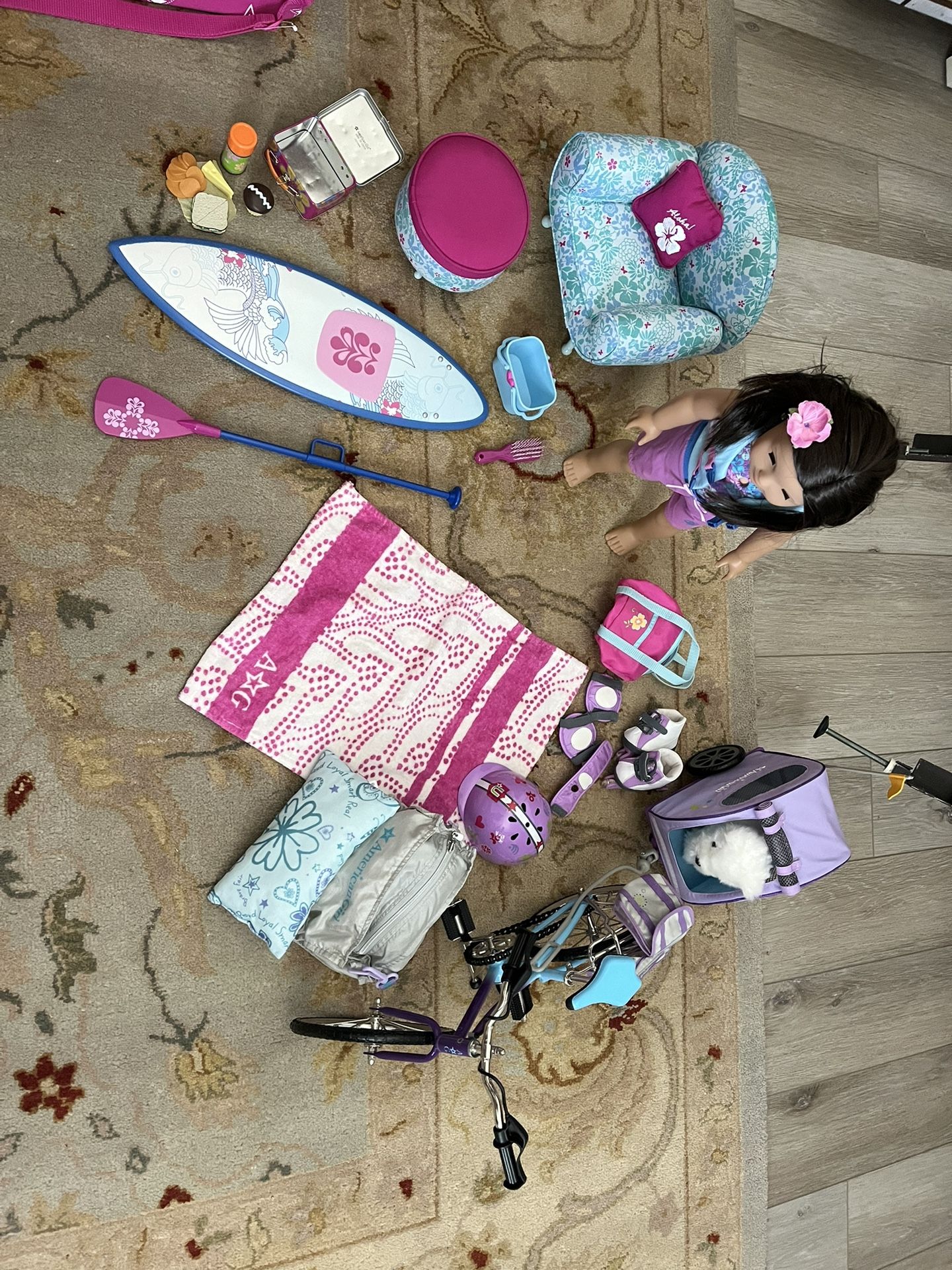 American Girl Doll With Surf Board, Bike, Chair, Dog, And Sleeping Bag