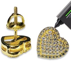 Moissanite Stud 10.5MM Heart Earrings Italy 925 Sterling Silver 14K Gold 5X Layered, Passes Diamond Tester