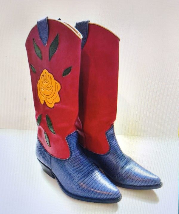 Women's Cowboy Boots Lizard Leather w/Floral Applique Multi-color, Size 6.5