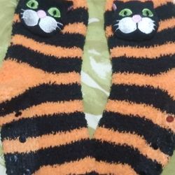 Halloween Black Cat Furry Fleece Novelty socks w/ non skid bottoms