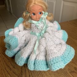 Vintage 8" Doll in Thick Blue and White Crocheted Dress Blonde Hair Blue Eyes