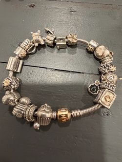 PANDORA BRACELET LOT OF STERLING SILVER BRACELETS & 14k DOZENS OF CHARMS
