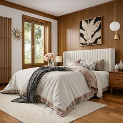 Modern Cream Queen Upholstered Bed Wingback Platform Frame